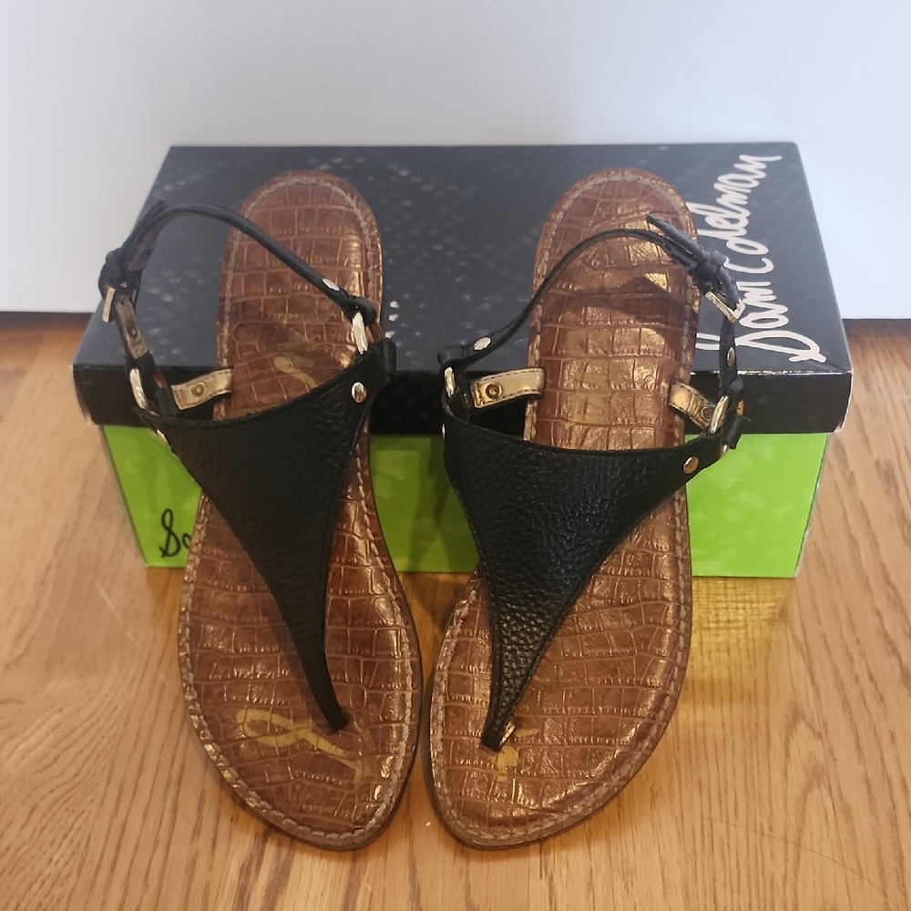 Sam Edelman Black Leather T-Strap Sandals with Gold Accents